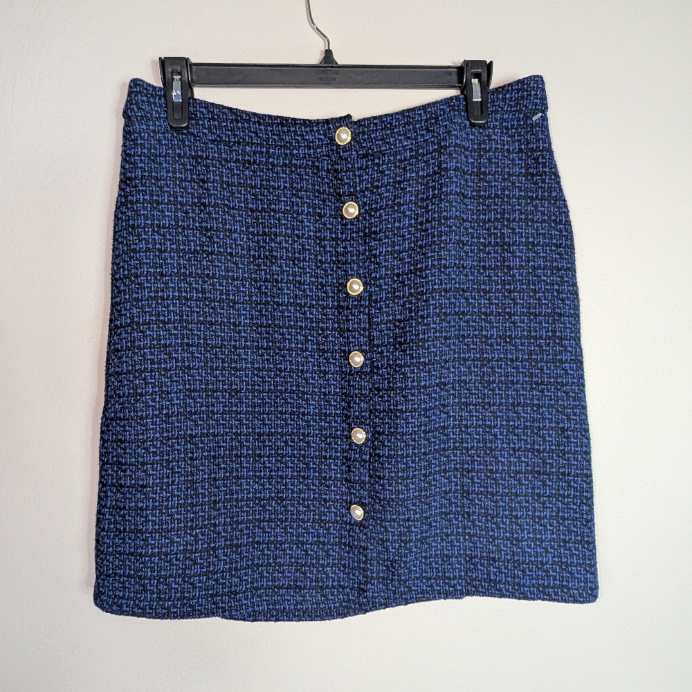 16 Nanette Lepore Blue Tweed Button Front Mod Skirt
